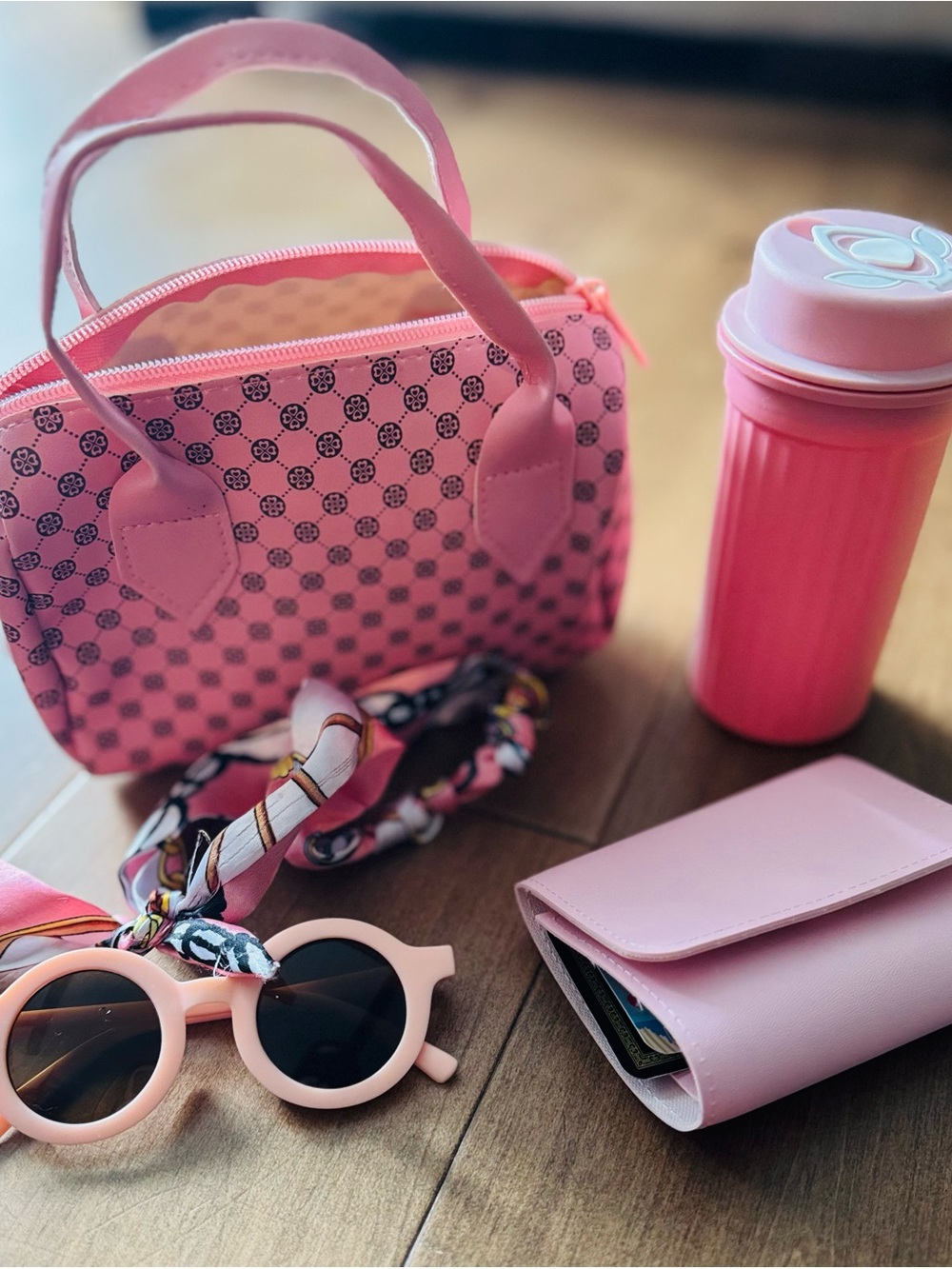 Pink Patterned Mini Tote Bag with accessories